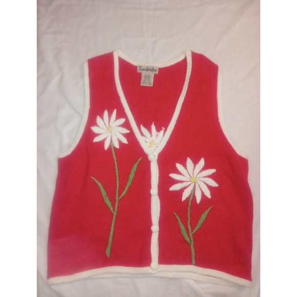 Timberlea Sweaters - Vtg Timberlea Sweater Knit Vest‎ Bright Pink Daisy Embroidered SP
